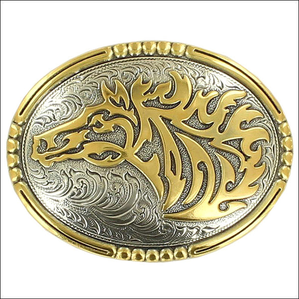 Crumrine Silver Gold Horse Head Oval Belt Buckle 38014