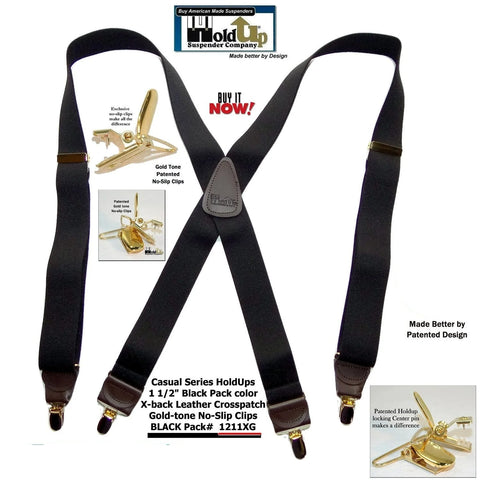 HoldUp 1211XG Black 1 1/2" Suspenders in X-back with USA Patented No-slip Gold Clips / Leather