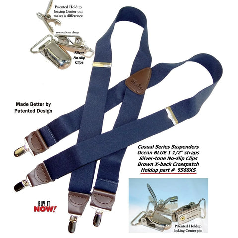 Holdup 8568XS Ocean Blue Casual Series Men's Suspenders in X-back Style and USA Patented No-slip Silver-tone Clips