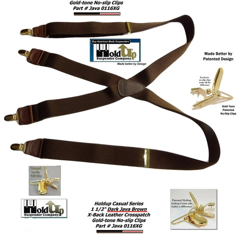 HoldUp 0116XG Brand dark Java Brown X-back Men's Suspenders with USA Patented No-slip Gold-tone Clips