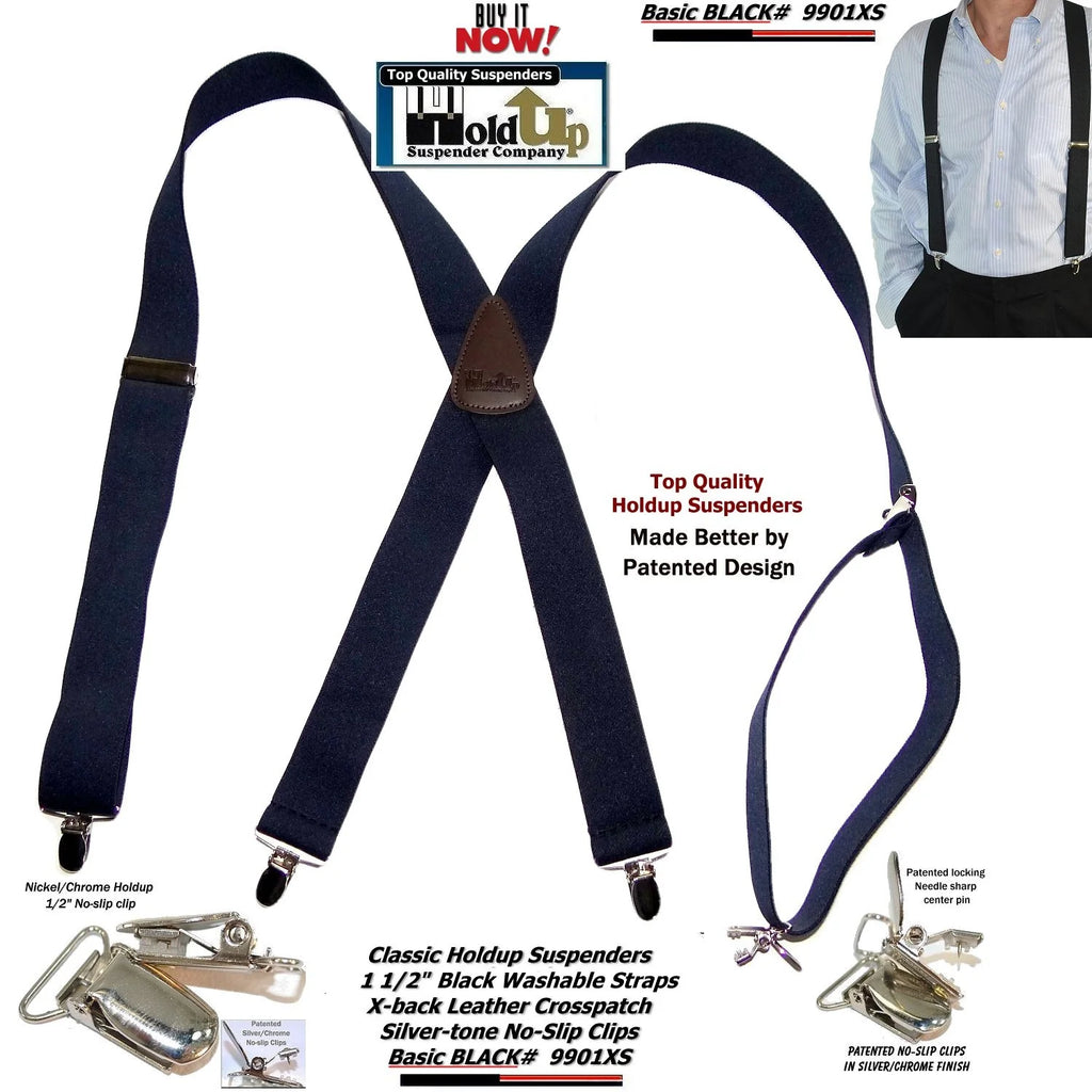 Holdup 9901XS Black Suspender Brand Classic X-back with no-slip USA Patented clips