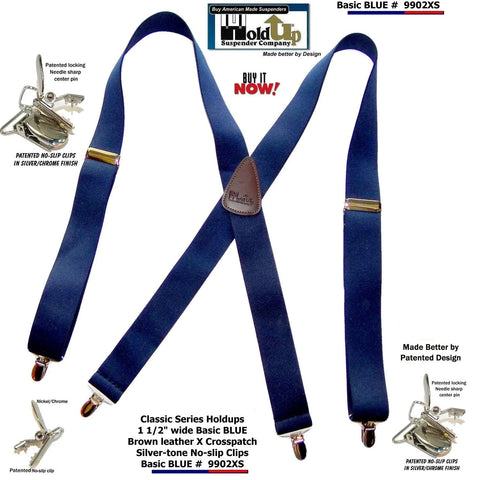 HoldUp 9902XS Dark Blue Brand Classic Series Basic X-back Suspenders with USA Patented Silver tone No-slip Clips