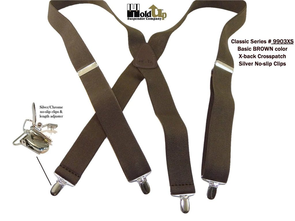 HoldUps 9903XS Classic Dark Brown Suspenders with Silver No-slip Clips and X-back Leat