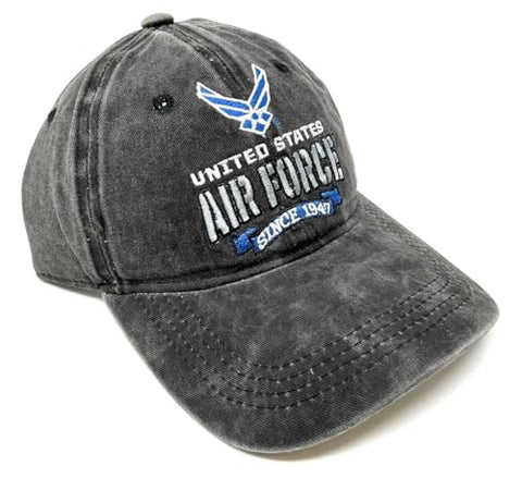 MP Hats BCD225: USAF United States Air Force Text Logo Faded Black Curved Bill Adjustable Slouch Hat