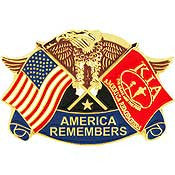 PINS- KIA, EAGLE & FLAGS, RED "AMERICA REMEMBERS" (1-3/16")
