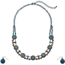 Flower Concho Necklace/Earring Set - Turquoise/Antiqued Gold