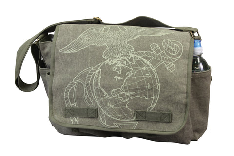 Rothco Bags: Vintage Canvas Messenger Bag - OD w/ Subdued USMC Globe & Anchor Print