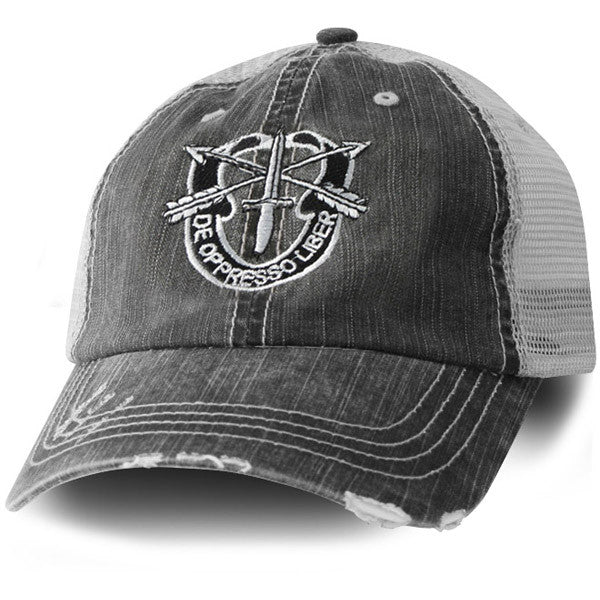 MP Hats: Special Forces Direct Embroidered Distressed Black Mesh Ball Cap